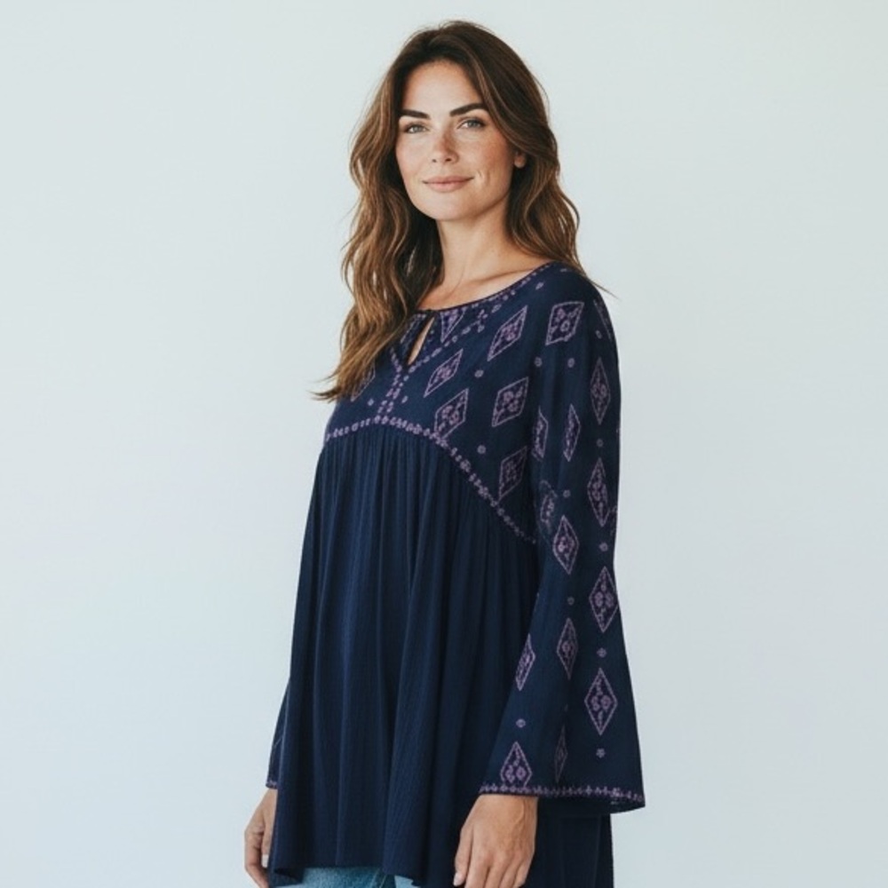 VELZERA - NWT - SIZE 2XL - NAVY‎ WITH PINK FLORAL EMBROIDERY DRESS TUNIC  B17